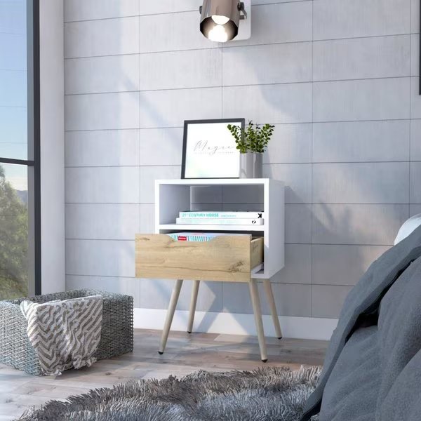 Otom Nightstand, Superior Top, One Open Shelf, One Drawer, Four Legs, White/Light Oak, Tuhome, Mfr#: MBD6729